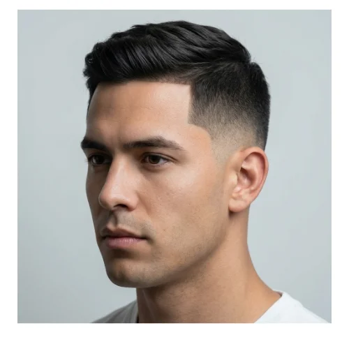 A young man with short hair styled in a low taper fade haircut, featuring precisely tapered sides that blend smoothly into a neatly trimmed top, creating a sharp, clean, and polished look.