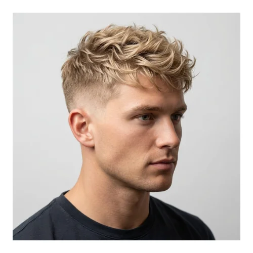 A young man with short hair styled in a low taper fade haircut, featuring neatly tapered sides that blend into a textured top with defined layers and natural movement for a modern, stylish look.