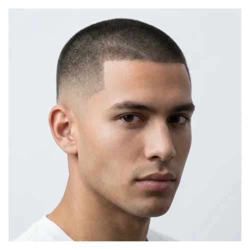 A young man with a buzz cut styled in a low taper fade, featuring very short, evenly trimmed hair on top with cleanly tapered sides and neckline for a sharp, minimal, and low-maintenance look.