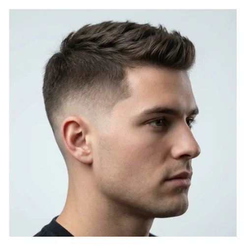 A young man with a crew cut styled in a low taper fade, featuring short, evenly trimmed hair on top that is slightly longer at the front, with cleanly tapered sides and back for a sharp and classic look.