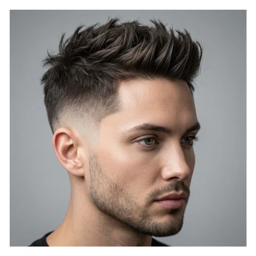 A young man with short hair styled in a low taper fade, featuring neatly tapered sides that blend into a spiky top with textured, lifted strands for a modern and edgy look.