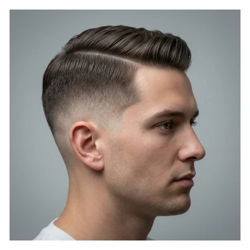 A young man with short hair styled in a low taper fade with a side part, featuring cleanly tapered sides that blend into a neatly parted top for a polished, classic, and modern look.