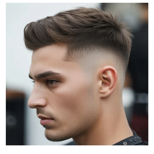 A young man with short hair styled in a low taper fade with a brush-up, featuring neatly tapered sides that blend into a voluminous top brushed upward for a stylish, modern, and textured look.