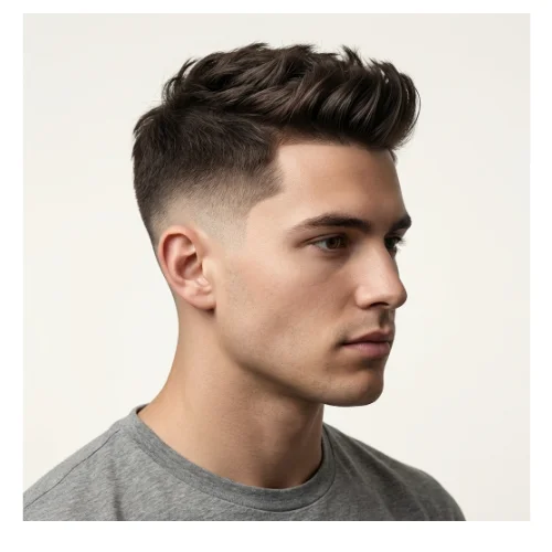 A young man with short hair styled in a taper fade featuring a mini quiff on top, with cleanly tapered sides that blend into slightly longer hair at the front, styled upward and forward for a subtle, modern look.