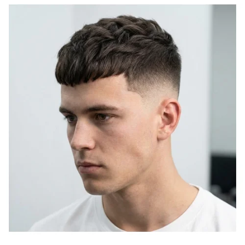 A young man with short hair styled in a taper fade with a French crop, featuring closely tapered sides that blend into a short, textured top with a straight fringe for a clean, modern, and low-maintenance look.
