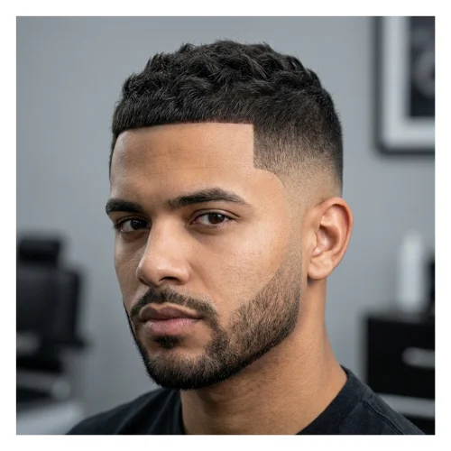 A young man with short hair styled in a low taper fade with a taper line-up, featuring cleanly tapered sides that gradually blend into a slightly longer top, with sharp, defined edges along the hairline for a precise and polished look.