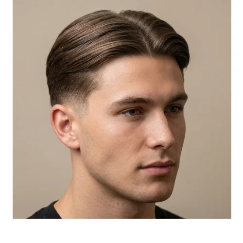 Side of young man with classic Low Taper Fade middle part and clean taper finish