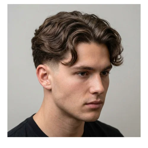 Low Taper Fade middle part wavy hairstyle with soft waves and clean taper sides