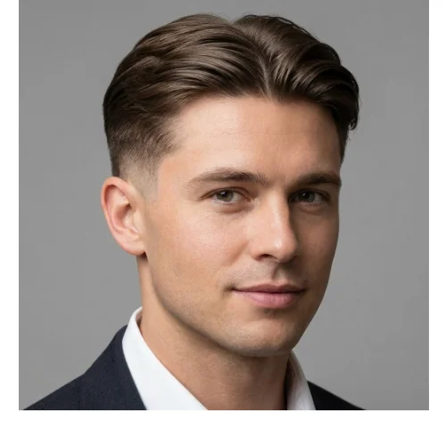 Low Taper Fade middle part wavy hairstyle with soft waves and clean taper sides