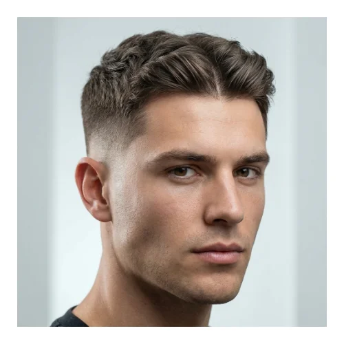 Low Taper Fade middle part short hairstyle with neat sides and compact top