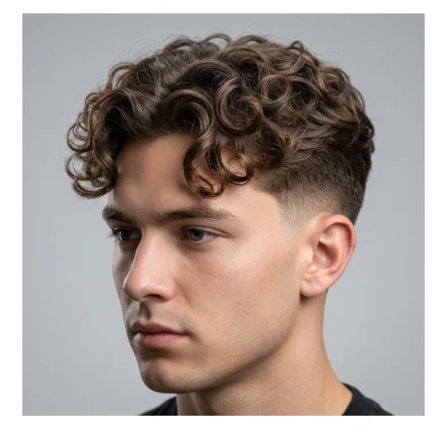 Low Taper Fade middle part curly hairstyle with defined curls and clean tapered sides
