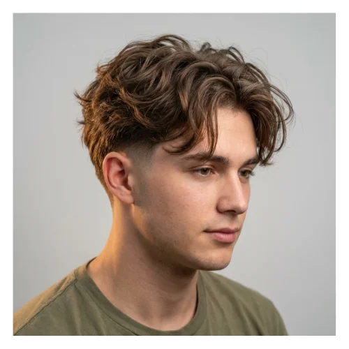 Low Taper Fade middle part messy hairstyle with tousled top and clean faded sides