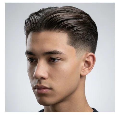 Low Taper Fade middle part slick hairstyle with smooth top and sharp faded sides