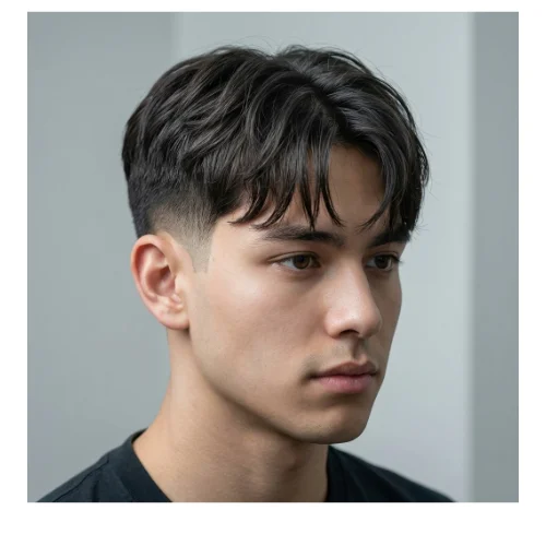 Low Taper Fade middle part hairstyle with fringe and clean tapered sides