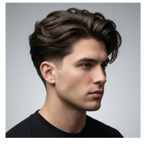 Low Taper Fade middle part blowout hairstyle with voluminous top and clean tapered sides