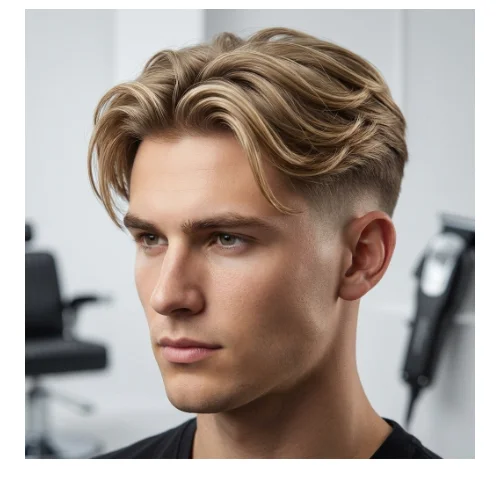 Low Taper Fade middle part blonde hairstyle with light-colored top and clean faded sides