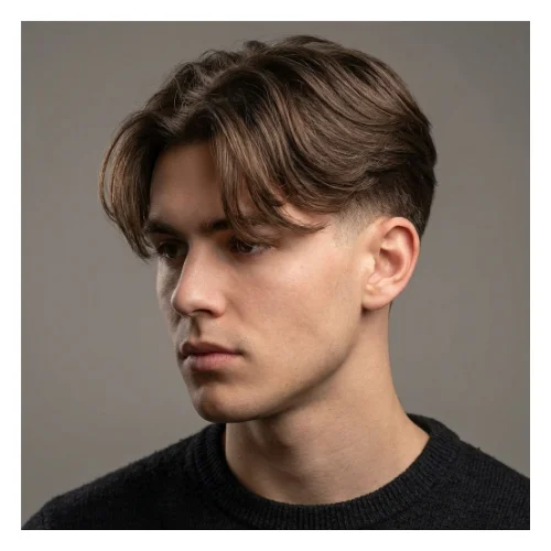 Low Taper Fade middle part curtains hairstyle with parted front and clean tapered sides