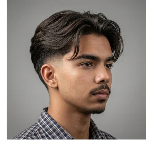 Low taper fade with burst fade and middle part hairstyle, modern men's haircut with clean sides and balanced part