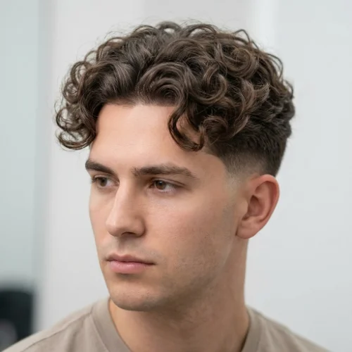 Low taper fade middle part perm hairstyle with curly texture and clean tapered sides