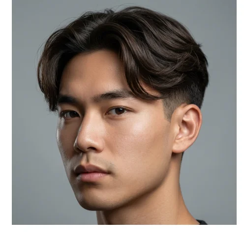 Low taper fade middle part Asian hairstyle with straight textured hair and clean tapered sides