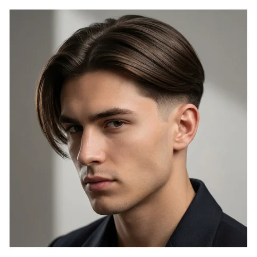 Low taper fade middle part straight hair hairstyle with smooth texture and clean tapered sides