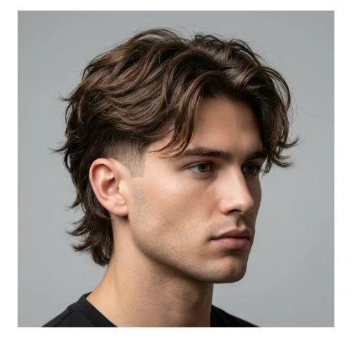 Low taper fade wolf cut with middle part, layered textured hairstyle with clean tapered sides