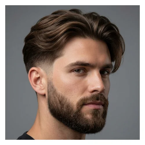 Low taper fade middle part with beard, clean and balanced men's hairstyle with neat facial hair