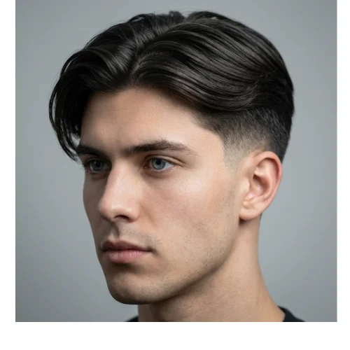 Low Taper Fade middle part flat hairstyle with smooth, flat top and clean tapered sides