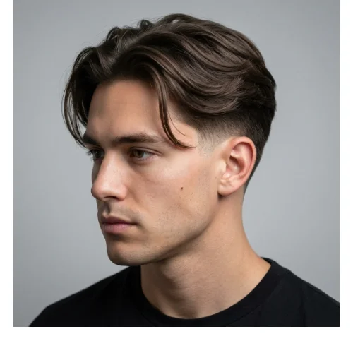 Low Taper Fade middle part natural flow hairstyle with soft, flowing top and clean tapered sides