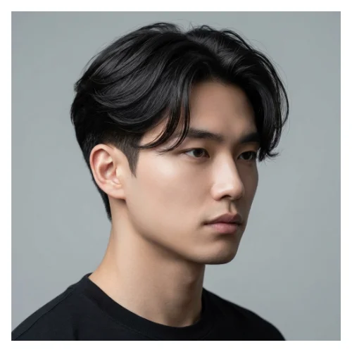 Low Taper Fade middle part Korean hairstyle with soft layers, center part, and clean tapered sides