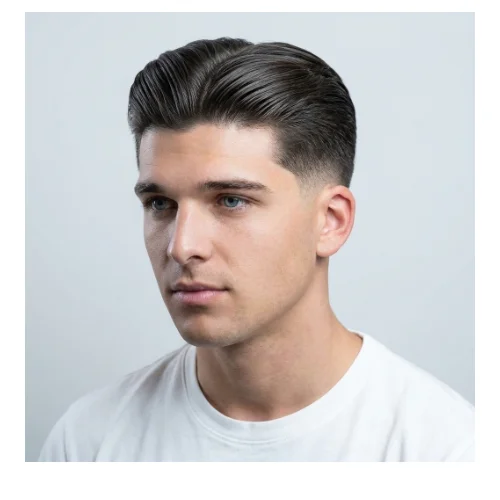Low Taper Fade middle part slick back hairstyle with smooth top and clean tapered sides