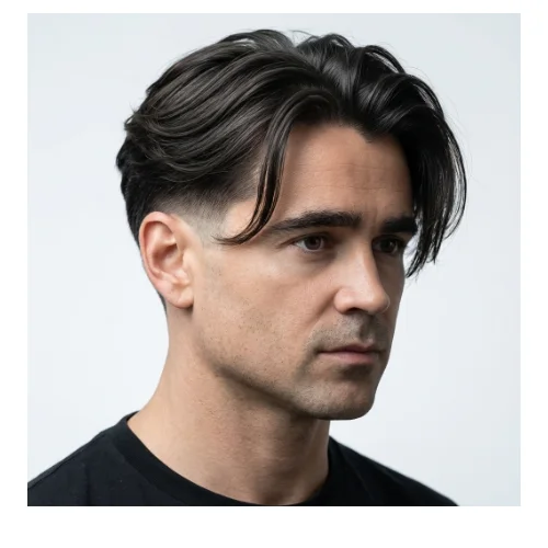 Low Taper Fade middle part long hairstyle with flowing length and clean tapered sides