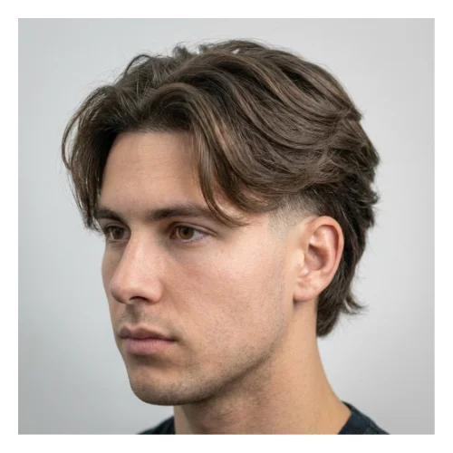 Low Taper Fade middle part layered hairstyle with textured layers and clean tapered sides