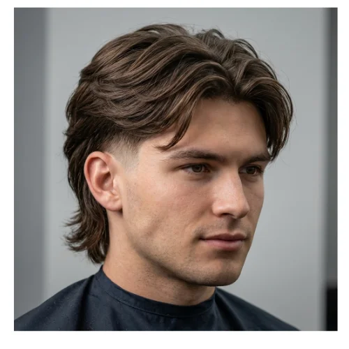 Low Taper Fade middle part mullet hairstyle with longer back and clean tapered sides