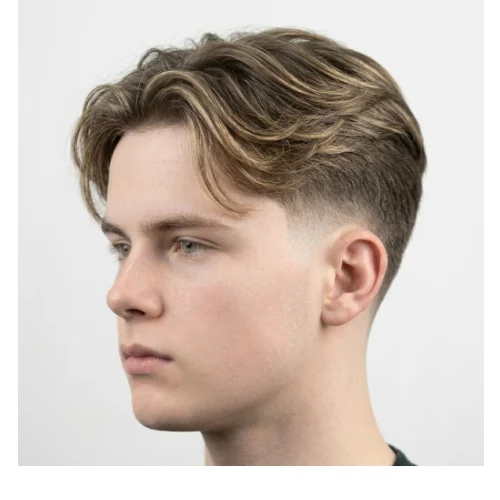Low Taper Fade middle part hairstyle with highlights and clean tapered sides for a stylish look