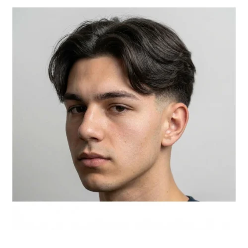 Low Taper Fade middle part soft hairstyle with gentle texture and clean tapered sides