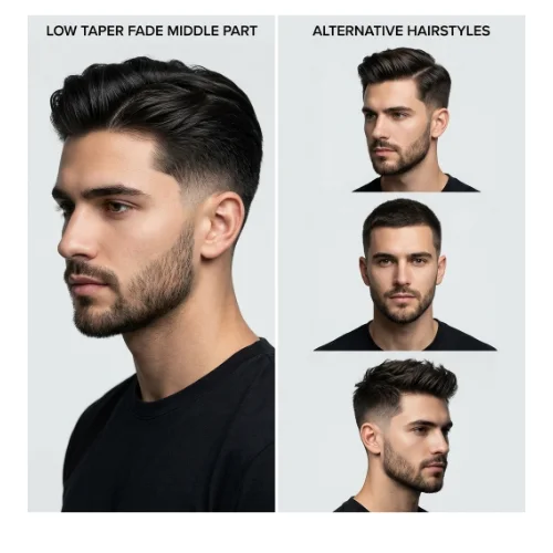 Comparison of Low Taper Fade Middle Part with other hairstyles showing center part style versus various modern haircuts with clean fades