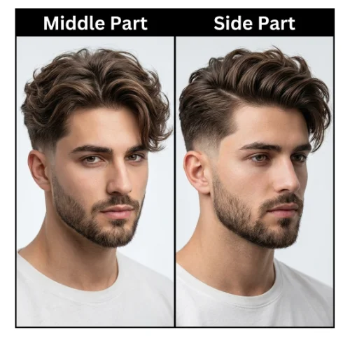 Comparison of Low Taper Fade middle part and side part hairstyle with clean tapered sides and different parting styles