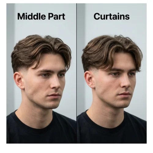 Comparison of Low Taper Fade middle part and curtains hairstyle showing center part vs classic curtain style with clean faded sides