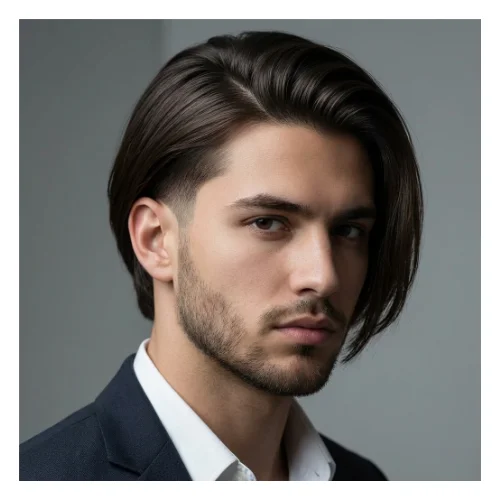 Straight low taper fade with long hair and clean side blend