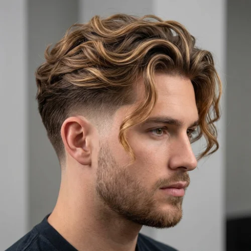 Low taper fade with wavy long hair and smooth blended sides
