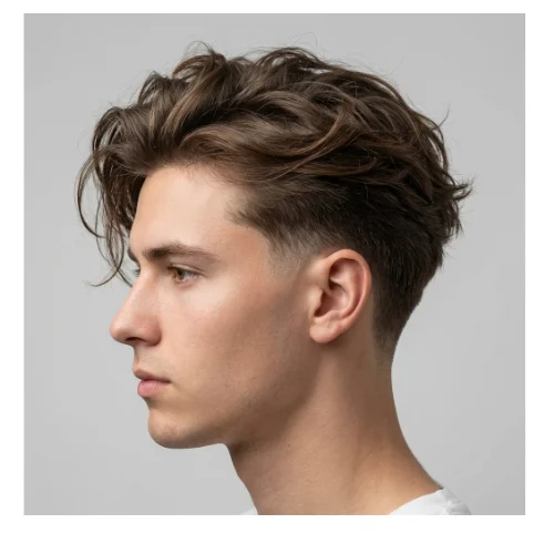 Low taper fade with messy long hair and natural textured finish