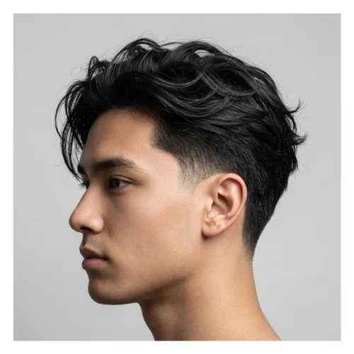 side image of a Man with low taper fade and long textured hair, modern and stylish look