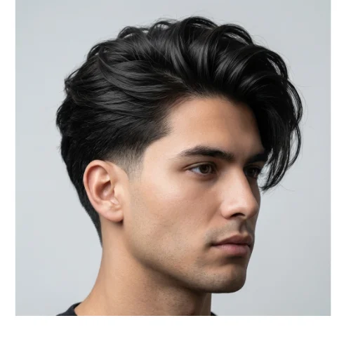 side imae of a Man with low taper fade and long hair blowout, voluminous textured hair on top with tapered sides and back, modern stylish hairstyle
