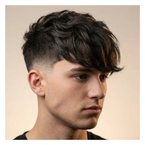 side image of a Man with low taper fade and long hair fringe, longer textured hair on top with tapered sides and back, clean modern hairstyle