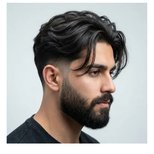Side view of a man with low taper fade, long hair on top, and full beard, clean tapered sides with modern stylish look