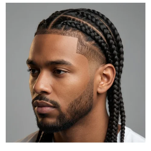 Man with low taper fade and long hair styled in braids, clean tapered sides and back with neat braided hairstyle