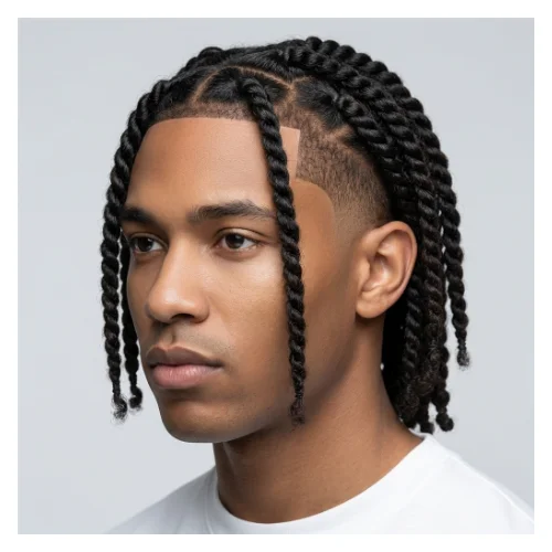 side view of a Man with taper fade and long hair styled in twists, clean faded sides with textured twisted hairstyle on top
