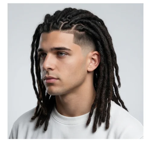 Man with low taper fade and long dreadlocks, clean tapered sides and back with long textured dreads on top