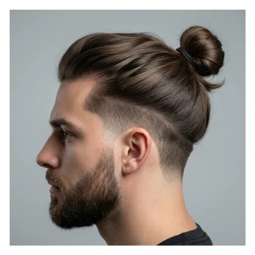 Side view of a man with low taper fade and long hair styled in a man bun, clean tapered sides and back with tied hair on top